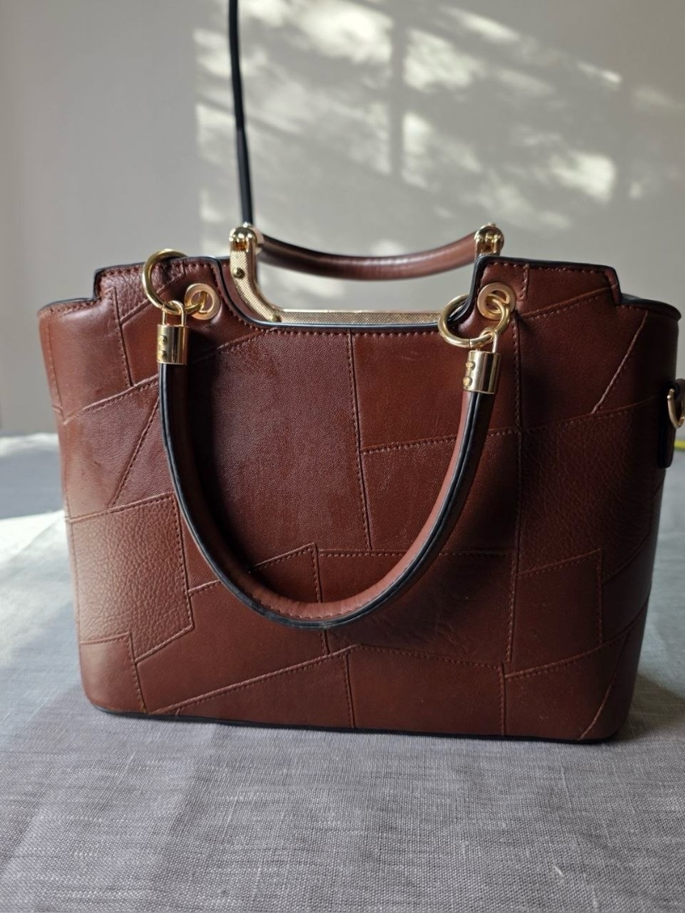 Patchwork Faux Leather Satchel Handbag Brown Faux Leather Top Handle Tote Bag
